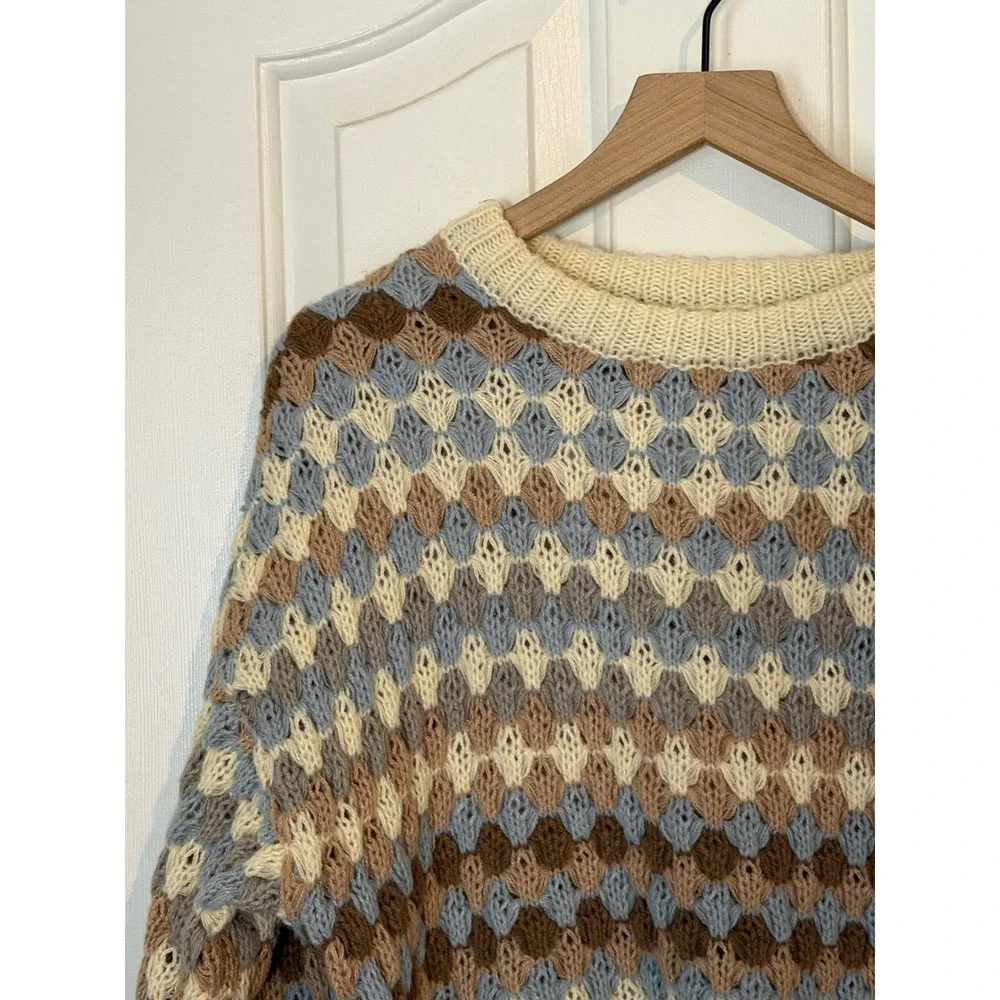 NWOT Blu Pepper | Sweater Small Multi-Color Diamond Crochet Knit Long Sleeve - Picture 4 of 9